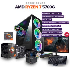 TORRE GAMER AMD RYZEN 7 5700G/Board A520M-K Asus prime/16GB RAM/ Monitor 24"