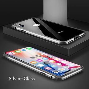 Funda de teléfono de Metal de adsorción magnética para iPhone XR XS X XS Max 6 7 8 Plus, funda protectora completa de vidrio templado de doble cara(#Silver)