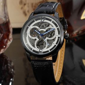 Skeleton Automatic Mechanical Leather Band Sport Watch blanco