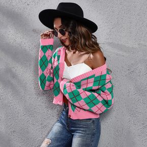Suéter de cardigan Rhomb lattice de moda Chaqueta de mujer - Rosa