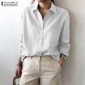 ZANZEA Mujeres sólido llano básica primer golpe de collar de moda manga larga blusa - Blanco