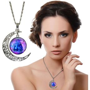 Gargantilla Collar Cadena Color Plata Media Luna Galaxia Nebulosa Mujer