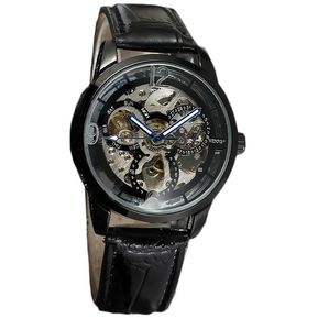 Skeleton Automatic Mechanical Leather Band Sport Watch Plata