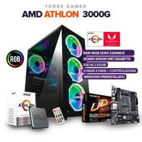TORRE GAMER AMD  ATHLON 3000G /16GB RAM/SSD 512G /BOARD B450 WIFI/CHASIS 4 FANS
