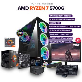 TORRE GAMER AMD RYZEN 7 5700G/Board A520M-K Asus Prime/16GB RAM/ Monitor de 22"