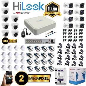 Cámaras Seguridad Kit Hikvision Hilook DVR 16 CH 1080 + 16 cám + DD 2T