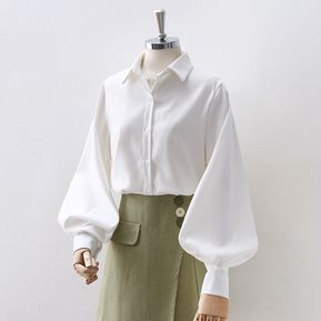 Deeptown-Blusa blanca con mangas abullonadas para mujer, camisa eleg =