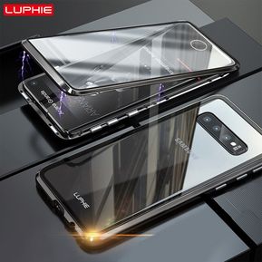 carcasa magnética completa de 360 grados para Samsung Galaxy S10 Plus S10e funda de vidrio frontal (Negro Negro)