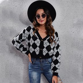 Suéter de cardigan Rhomb lattice de moda Chaqueta de mujer - Gris