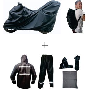 Combo Impermeable X3 Pijama Moto Baúl  Traje 4P  Forro Maleta -Negro