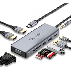 Estación de acoplamiento USB C, concentrador USB C 9 en 1 de QGeeM a HDMI VGA dual 4k, AUX de 3,5 mm, USB C a USB, lector de tarjetas MicroSD, compatible con MacBook, ipad Pro, Dell XPS (compatible con pantalla triple)-Gris