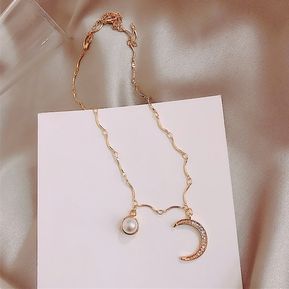 Gargantilla con cadena colgante de Luna y perlas de diamante de imitación de estilo coreano, collar de nuevo diseño para mujer, accesorios para fiesta de boda LUN