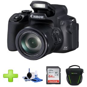 Cámara Canon Powershot Sx70 Hs 20.3mp Zoom 65x 4k+64GB+Bolso+Kit-Negra