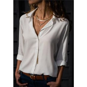 Blusa blanca de manga larga para mujer,blusas informales de estilo Ol con solapa blanca,blusas y Tops de verano para mujer(#TS-8004 white)