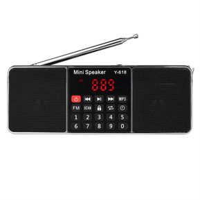 Y-618 Mini Radio FM Digital Portátil Dual 3W Altavoz estéreo Reproductor de audio MP3 Alta calidad de sonido de fidelidad con pantalla de visualización de 2 pulgadas Soporte Unidad USB Tarjeta TF Entrada AUX-OUT Salida de auriculares negro