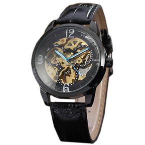 Skeleton Automatic Mechanical Leather Band Sport Watch negro