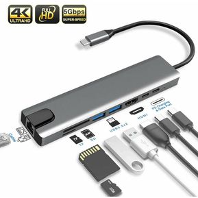 Adaptador USB C HUB 8 En 1 HDMI USB 3.0 4k Red Ethertnet