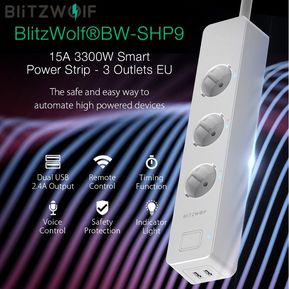 Blitzwolf bw-shp9 3300w 15a 3 zócalo CA 100 ~ 240V 50 / 60Hz Doble USB ranura SMART STRIP SMART POWER Strip de la UE Enchufe-no battery