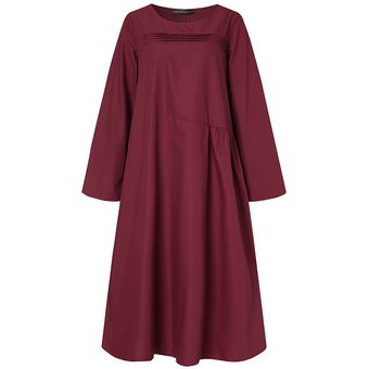 ZANZEA manga larga para mujer Vestido a media pierna llana sólida Pullover más el tamaño de la camisa de vestido Rojo 