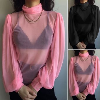 Negro ZANZEA partido de las mujeres de coctel del club Tops ver a través de malla de camisa blusa pura Pullover Plus 