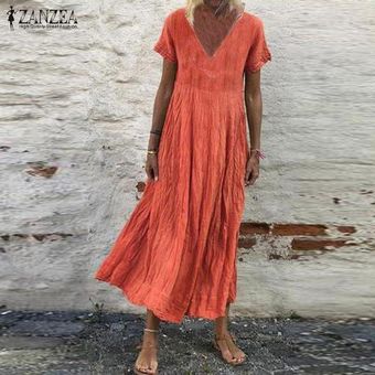 ZANZEA Plus S-5XL de las mujeres de manga corta con cuello en V larga ocasional camisa de vestir de Vestido a media pierna Vestido de tirantes naranja 