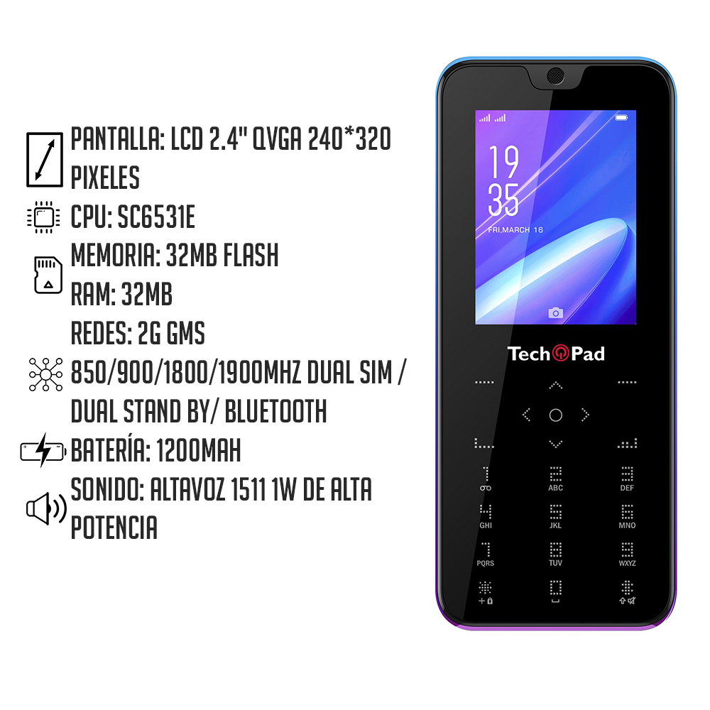 Celular Featurephone Techpad Atom Ram 32Gb Flash 2G 2.4 Pulg