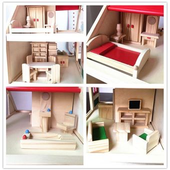 Juguetes de casa de muñecas de madera para niños con todas las habitac 