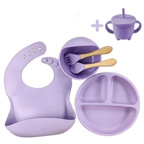 Juego de vajilla de silicona para bebé, 6 piezas, tazón con ventosa,  babero, taza, tenedor, cuchara, suministros para madres y niños sin BPA