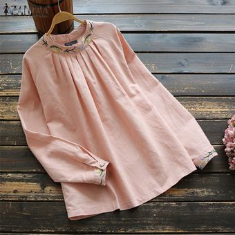 Rosa Manga ZANZEA Womne blusa larga bordado floral O-Cuello Botón top de la camisa de lino 