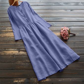 Encuadre de cuerpo entero Kaftan Maxi vestido de manga larga de algodón llano Abaya ZANZEA A-Line Azul claro 