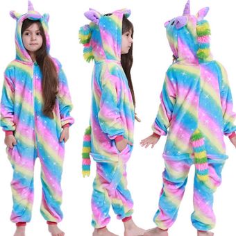 ropa cálida de Unicornio de color arcoíris pijama de Unicornio para niñas pequeñas Pijamas de punto para niños-LA14 Pijama de invierno de franela de una pieza para niños 