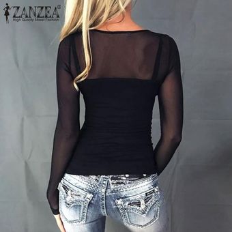 Negro ZANZEA mujeres blusas través de una malla ocasionales adelgazan las camisas Tops sólidos Blusas de manga larga cuello de O Tee más el tamaño 