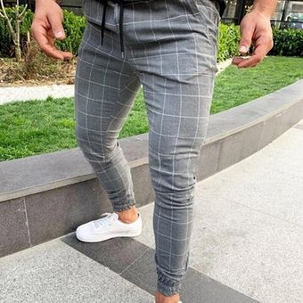 2020 pantalones de pierna recta a cuadros ajustados con bolsillo a l.. 