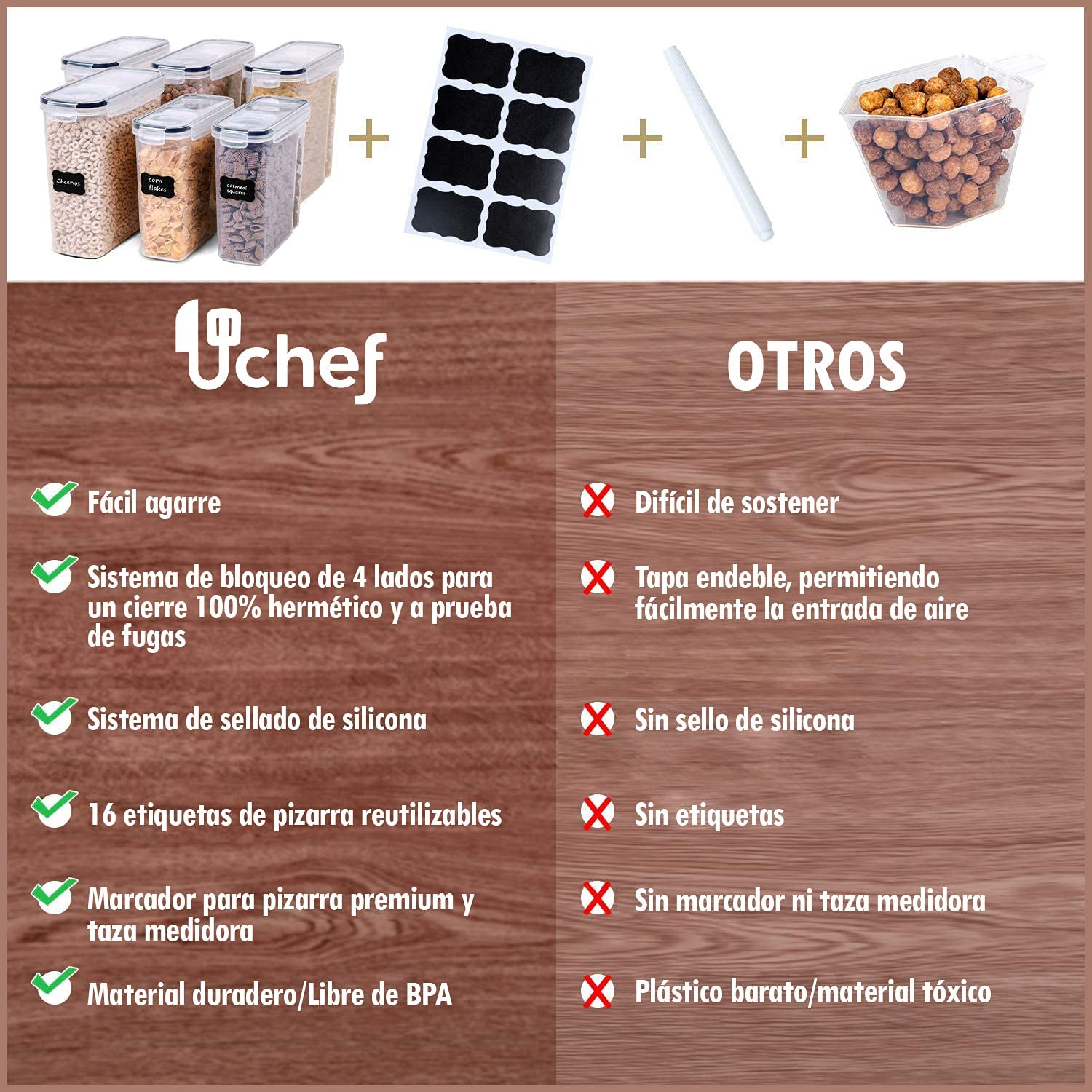Contenedores herméticos U Chef para cereales 6 piezas - Transparente