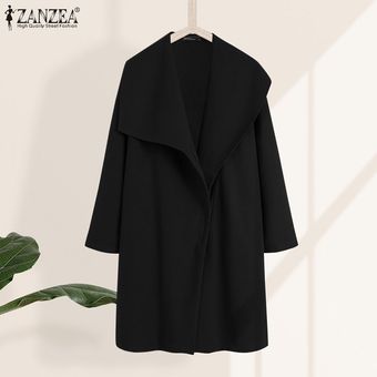 ZANZEA para mujer caliente de la capa de collar llano de la cremallera casual abrigo de lana largo invierno Negro 