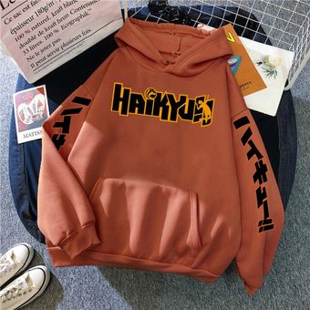 JapanHaikyuu Manga Prints Hoodies MensHoody Hip Hop Fleece Sweatshirts Crewneck Pullovers Cute Clothing Man（#brick red） 
