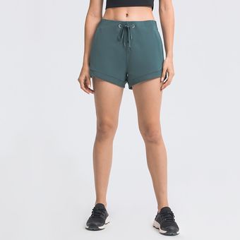 pantalones cortos deportivos para mujer,informales,para correr,Fitness,con dos #Forest gray green 
