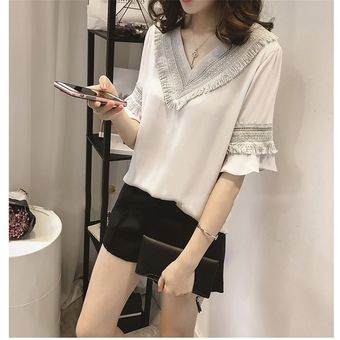 Borla de la costura en la camisa de la manga del pecho y la gasa del diseño de las mujeres con cuello en V tapas de la blusa L 