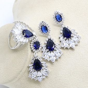Blue Cubic Zirconia Silver Novia Jewelry Set Women Collar 