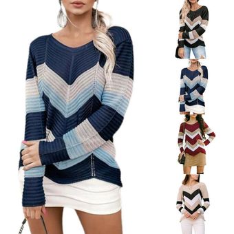 Nuevo Suéter con cuello en V con patrón ondulado,Jersey de punto para mujer Azul 