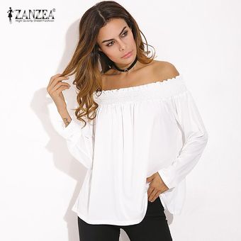 ZANZEA Camisas con hombros descubiertos 2018 Primavera Blusas mujer Casual Elegante Slash Neck larga Blusas sólidas Tops Tallas grandes de gran tamaño Off White -Blanco | Linio -