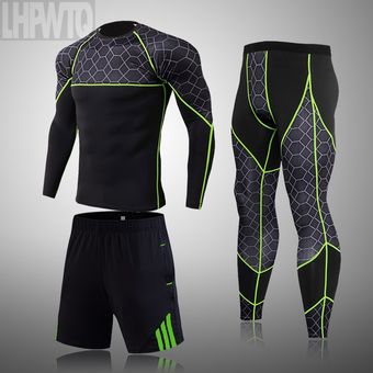 Conjunto de 3PC de alta calidad para hombre Fitness ropa deportiva de compresión para correr secado rápido gimnasio #t-shirt entrenamiento 