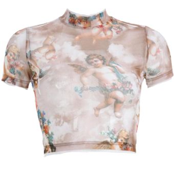 Blusa De Malla Estampado Angeles Cuello Alto Para Mujer M 1816