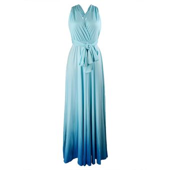 falda larga azul atractiva Backless del vestido del vendaje del gradiente de la correa de la cintura elástico de seda de la leche Light 