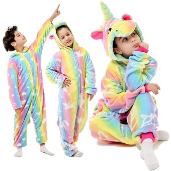 Pijama de invierno de franela de una pieza para niños Pijamas de punto para niños-LA14 pijama de Unicornio para niñas pequeñas ropa cálida de Unicornio de color arcoíris 