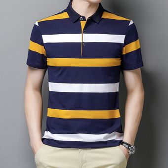 camiseta de manga corta informal de negocios Camisa de polos a rayas de algodón de gran tamaño M-4XL para hombre amarillo 
