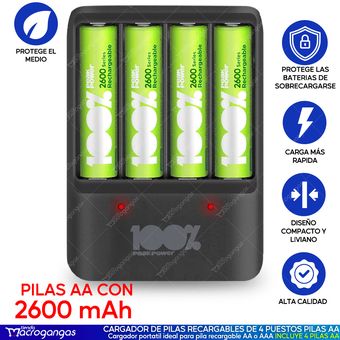 Cargador pilas 4 bahías AA / AAA con 4 baterías recargables AA 2600mAh