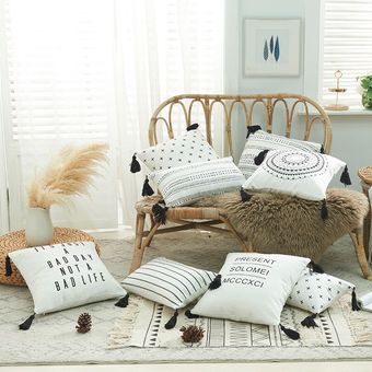 Almohada de lona con estampado de borlas para decoración del hogar, 