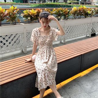#square neck dress Vestido Floral bohemio con mangas abullonadas,vestido con cuello cuadrado para mujer,Vestidos playeros Vintage para verano del ropa con volantes y Kawaii Coreano 