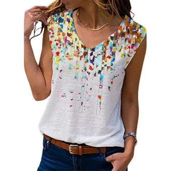 Casual V-cuello impreso floral basando la camisa de las mujeres suelta la camiseta sin mangas 
